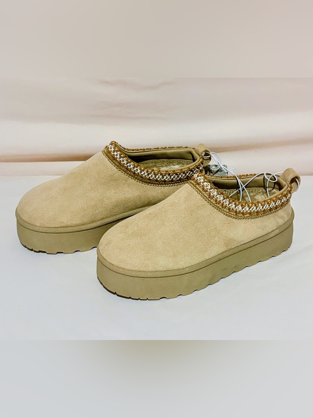 Mudd Tan Suede Platform Slip-On Mules with Braided Trim